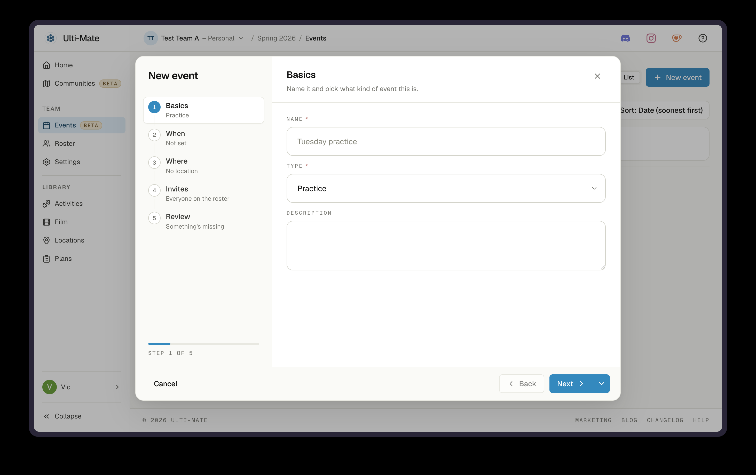 The new create-event wizard: a step rail on the left, one set of fields at a time