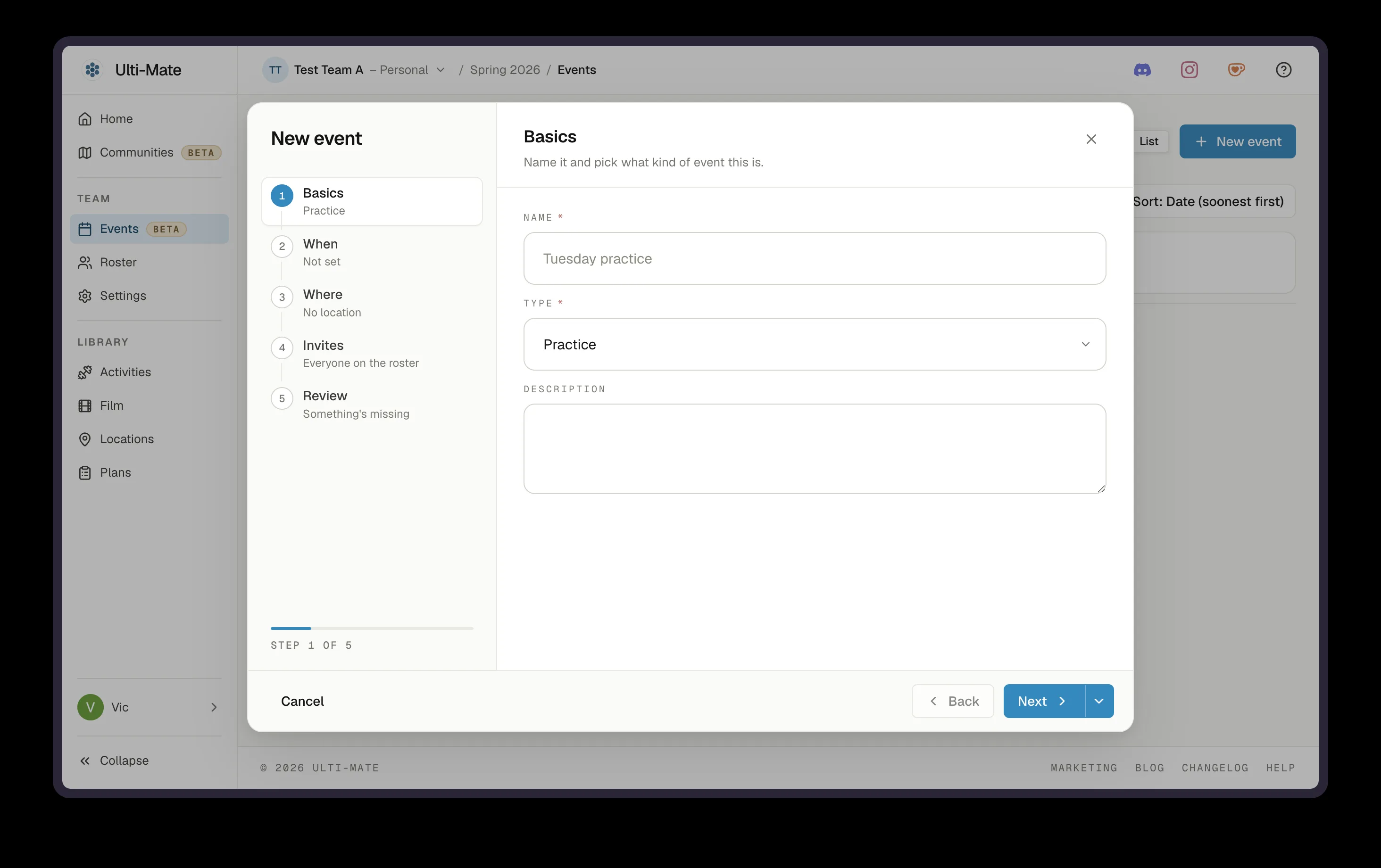 The new create-event wizard: a step rail on the left, one set of fields at a time