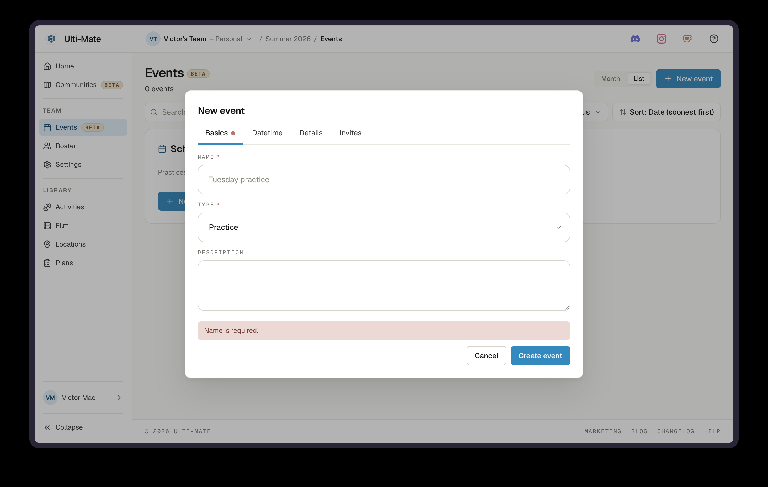 The old create-event form: every field crammed into tabs, with a vague error at the bottom