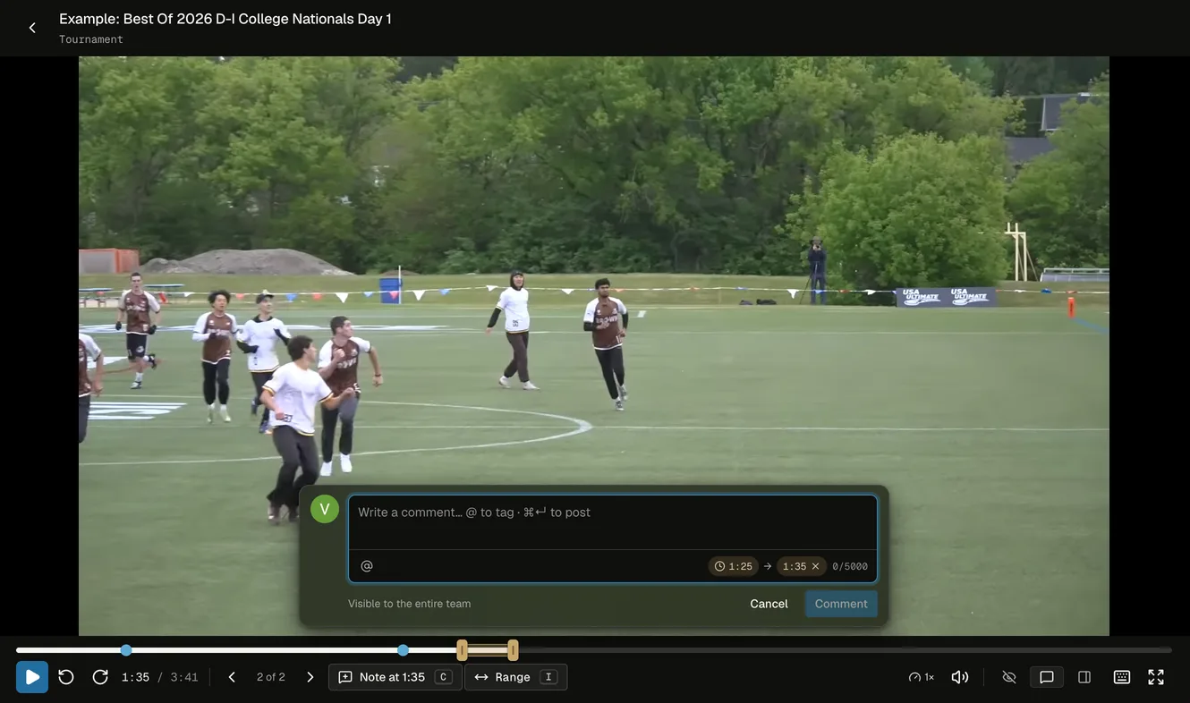 Writing a range note in review mode: the comment box over the video stamped 1:25 to 1:35, with the range drawn on the timeline above Note at 1:35 and Range
