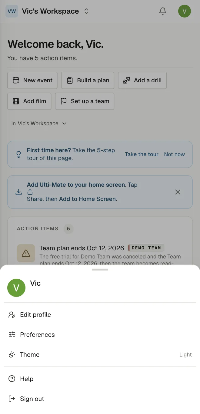 The account menu on a phone, risen from the bottom of the screen over Home: Edit profile, Preferences, Theme, Help, Sign out