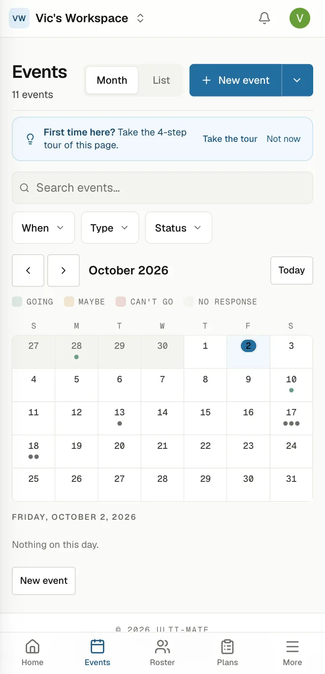 Events on a phone: the month fitting the screen with a dot under each day that has events, and the tab bar at the bottom - Home, Events, Roster, Plans, More