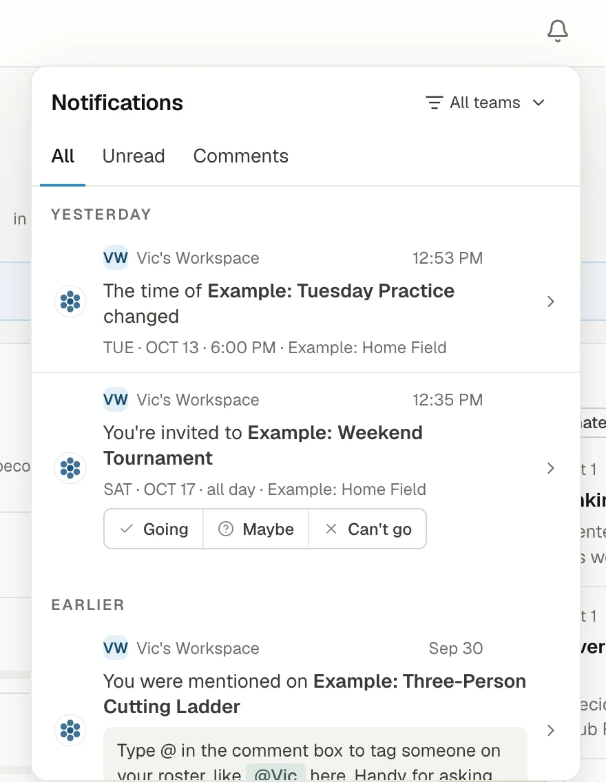 The notifications panel under the bell: All, Unread and Comments tabs, a changed practice time, an invite to a tournament with Going, Maybe and Can't go buttons, and a mention