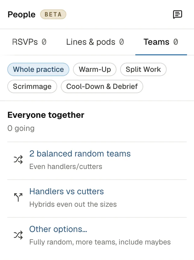 The People panel in the plan editor on its Teams tab: the plan's sections to choose from, and three ways to split - 2 balanced random teams, Handlers vs cutters, and Other options