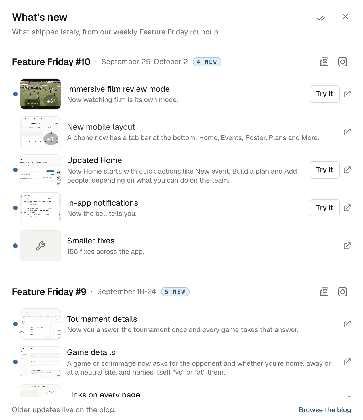 The What's new modal: the latest Feature Friday with its new features as rows, each with a thumbnail, a one-line summary and a Try it button, and a dot on the ones you haven't opened