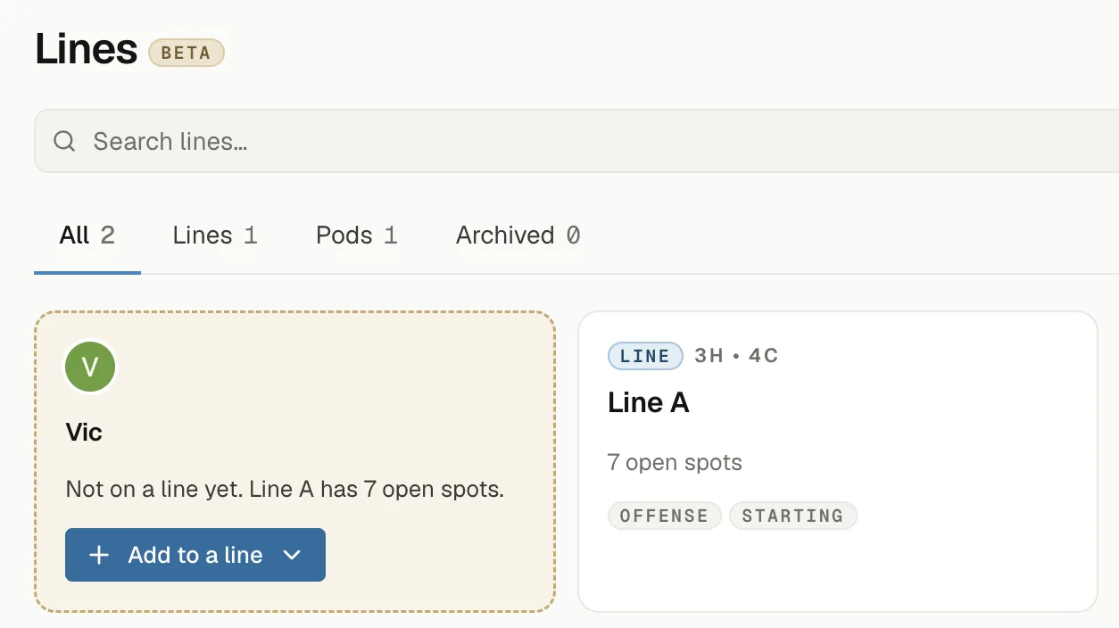The Lines page with a dashed card first in the grid: a player not on a line yet, a note that Line A has 7 open spots, and an Add to a line button, beside the Line A card