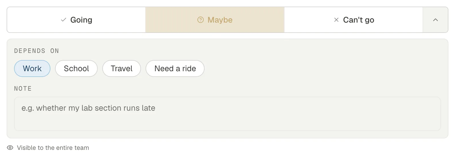 The RSVP control with Maybe picked: Depends on Work, School, Travel or Need a ride, with Work chosen, above the note