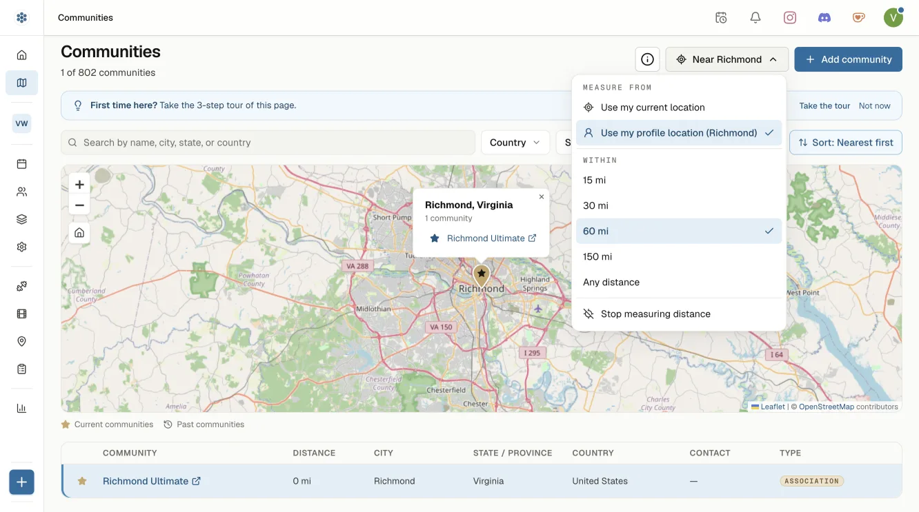 The Communities directory measuring from a profile location in Richmond, Virginia: the Near me menu open with Use my profile location ticked and Within set to 60 mi, the map framed on Richmond with Richmond Ultimate's popup open, and the table sorted nearest first with a Distance column