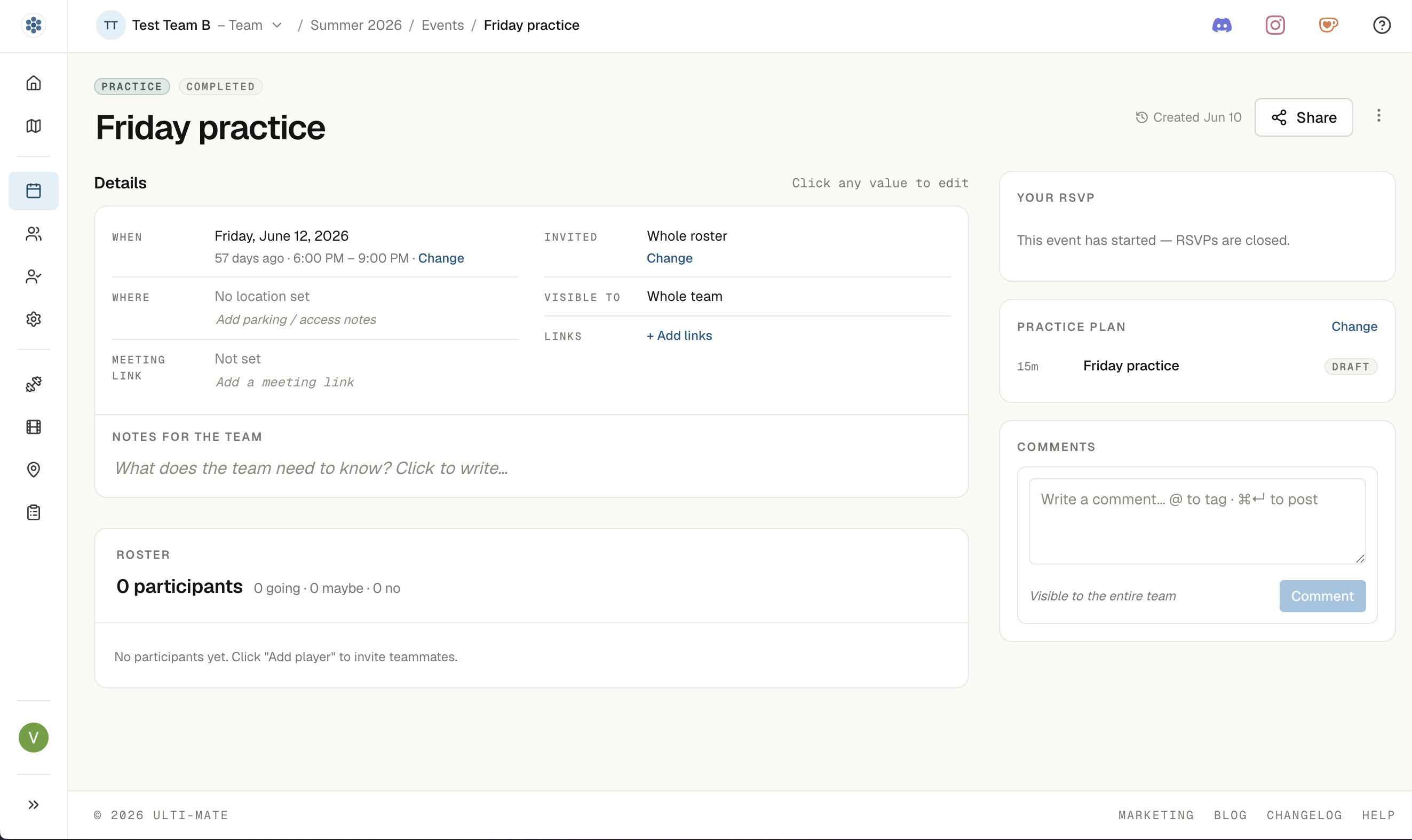 The updated event page: type and status chips over the title, a details grid holding when, where, who is invited and who can see it, and a rail on the right with your RSVP, the linked practice plan, and comments