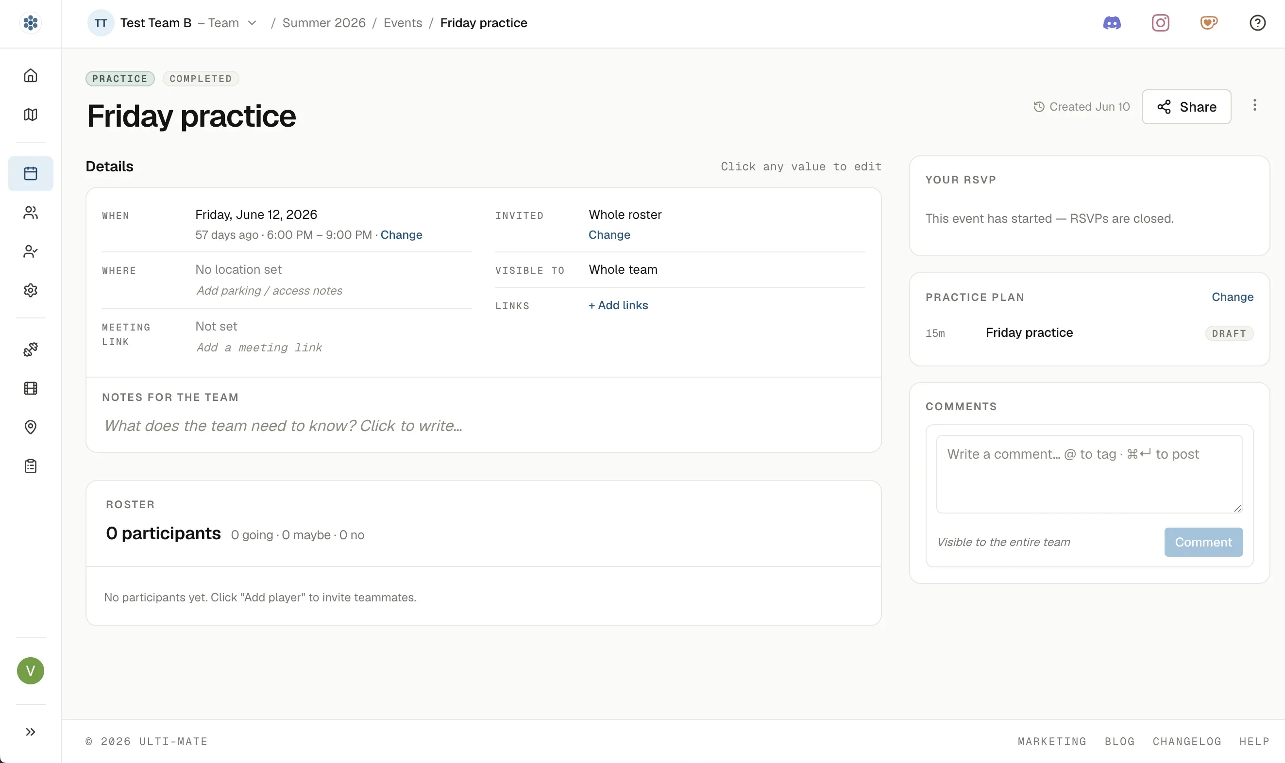 The updated event page: type and status chips over the title, a details grid holding when, where, who is invited and who can see it, and a rail on the right with your RSVP, the linked practice plan, and comments