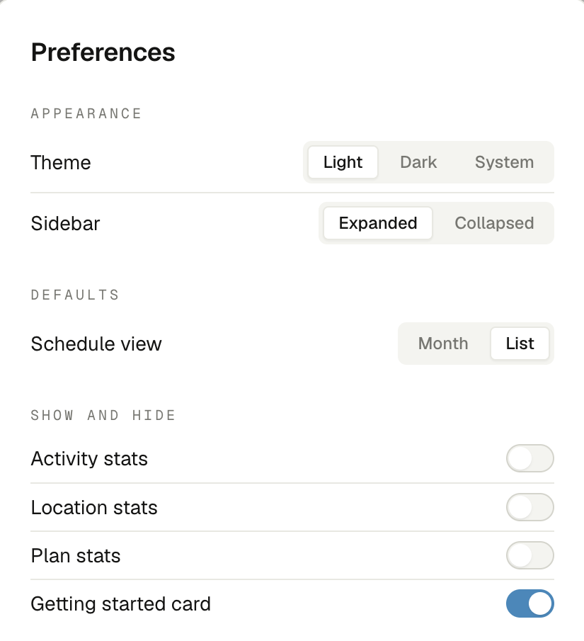 The new preferences modal: settings grouped under Appearance, Defaults, and Show and hide, each with its label on the left and a switch or segmented control on the right