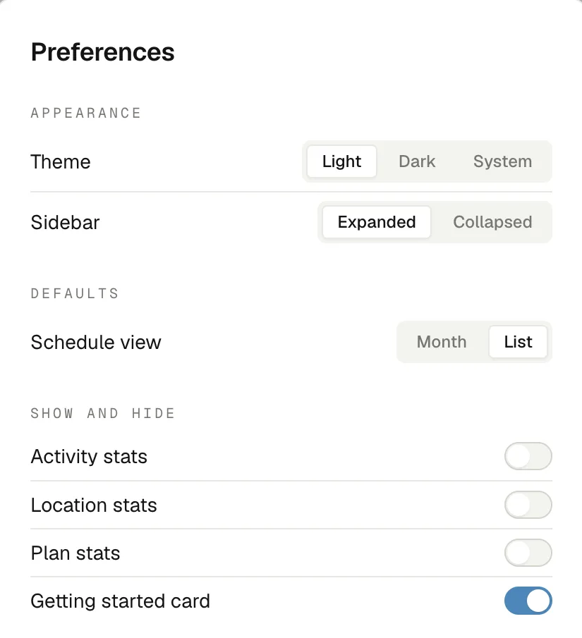 The new preferences modal: settings grouped under Appearance, Defaults, and Show and hide, each with its label on the left and a switch or segmented control on the right