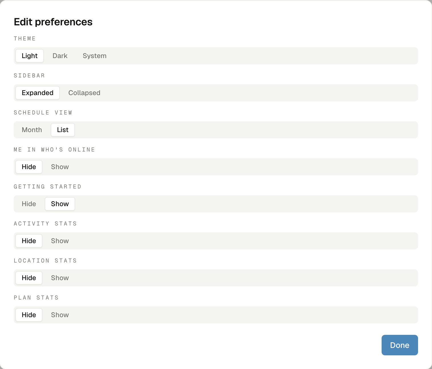 The old preferences modal: eight settings stacked as full-width segmented tracks, running the height of the screen