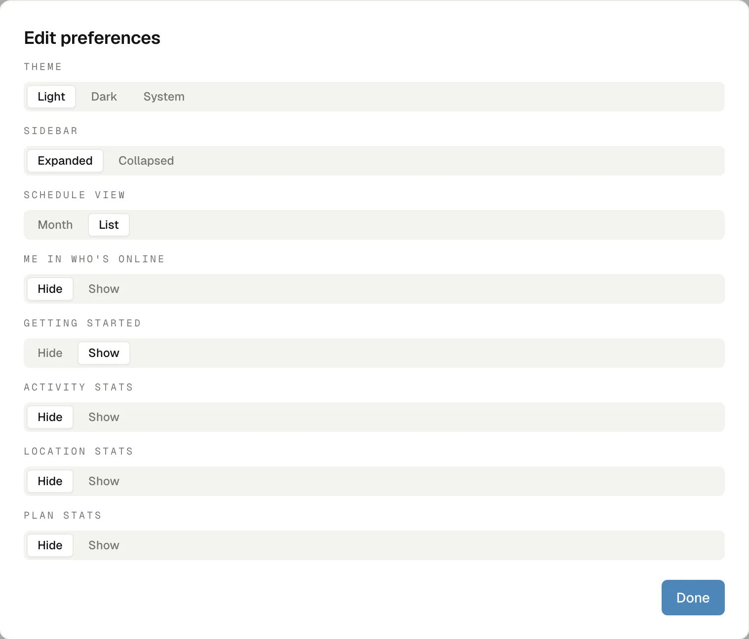 The old preferences modal: eight settings stacked as full-width segmented tracks, running the height of the screen