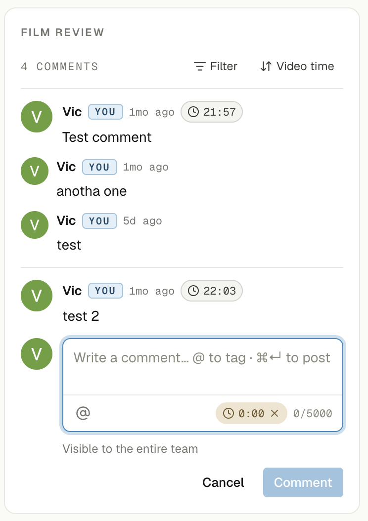 The rebuilt film thread: a header reading 4 comments with Filter and Video time beside it, notes from the same person stacked together, replies flush under what they answer, and one composer at the bottom
