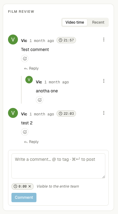 The old film comment thread: every comment carrying its own reaction button and Reply link, one reply indented behind a rail, and an always-open comment box underneath