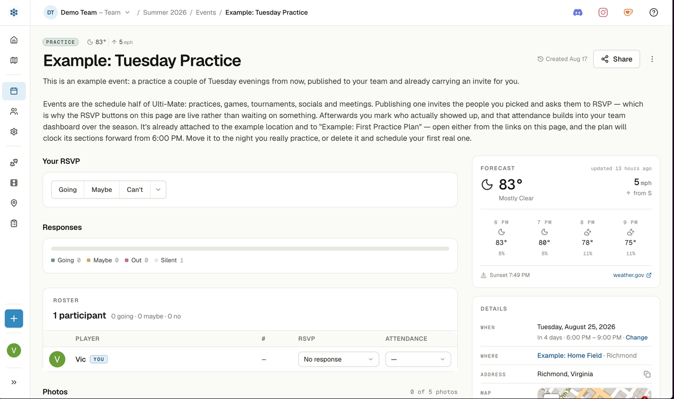 An outdoor practice's event page with the forecast card in the right rail: 83 degrees and 5 mph from the south at the top, then 6 PM to 9 PM hour by hour with a temperature and a rain chance under each, sunset at 7:49 PM, and a stamp reading updated 13 hours ago