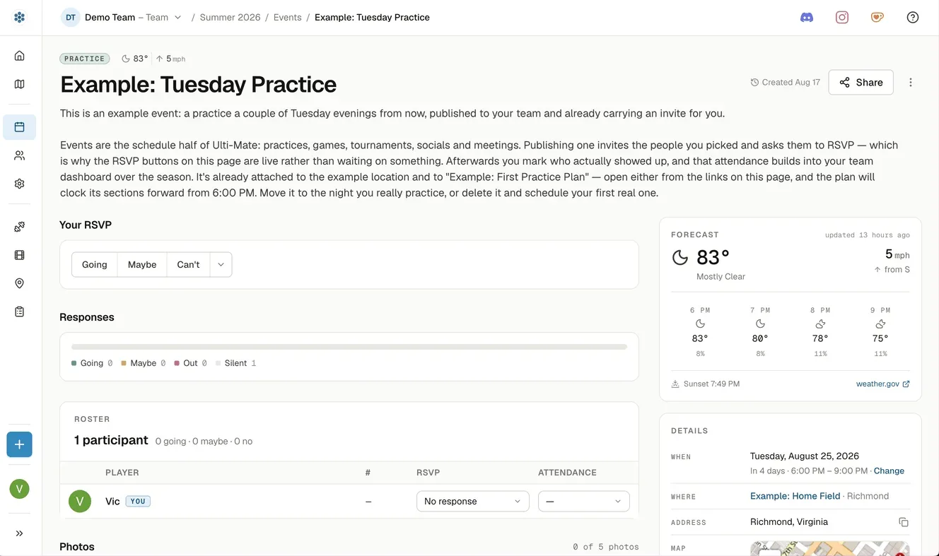An outdoor practice's event page with the forecast card in the right rail: 83 degrees and 5 mph from the south at the top, then 6 PM to 9 PM hour by hour with a temperature and a rain chance under each, sunset at 7:49 PM, and a stamp reading updated 13 hours ago