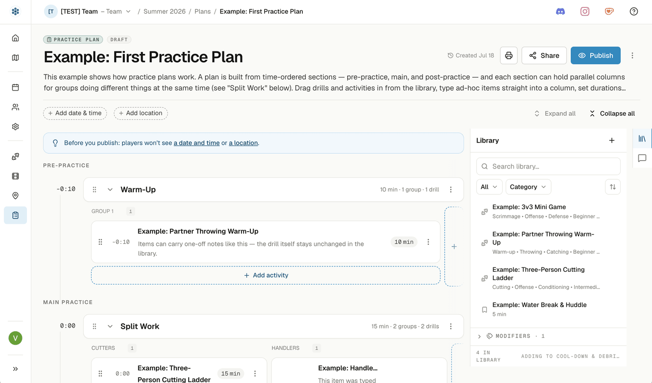 The practice-plan editor with its full header: the plan's name, the description under it, buttons to add a date and time and a location, and the Library panel open down the right-hand side