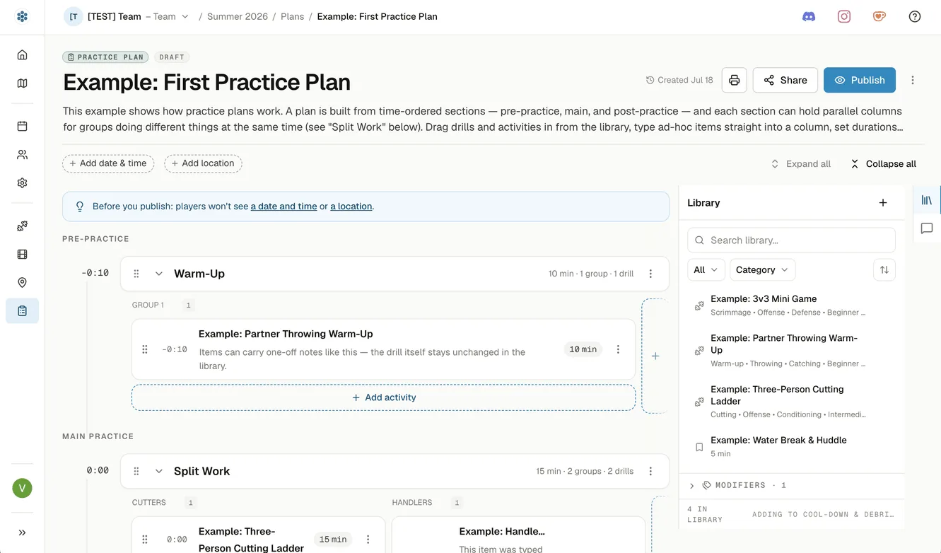 The practice-plan editor with its full header: the plan's name, the description under it, buttons to add a date and time and a location, and the Library panel open down the right-hand side