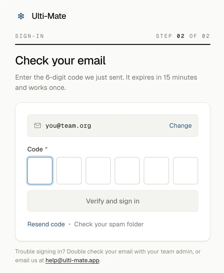 The emailed-code screen: a step strip reading 02 of 02, the address in its own row beside Change, six code cells, Verify and sign in, and a Resend code link