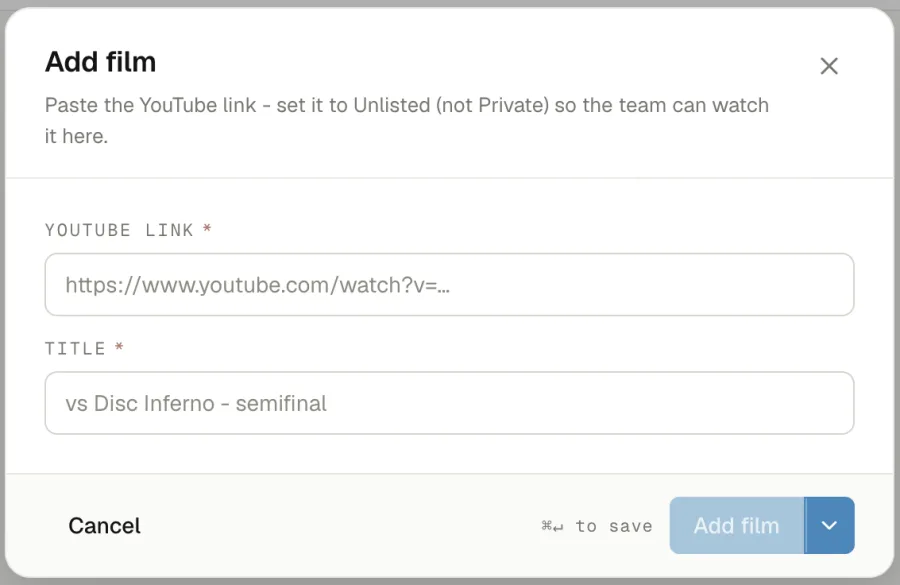 The Add film modal: a YouTube link field and a title field