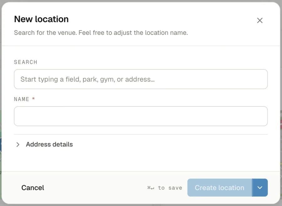 The New location modal: a search box for the venue, a name field, and a collapsed Address details row