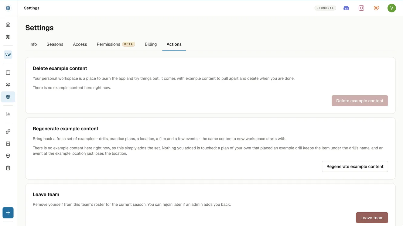 Settings, Actions tab on a personal workspace: the Delete example content and Regenerate example content cards, each with its caption and button