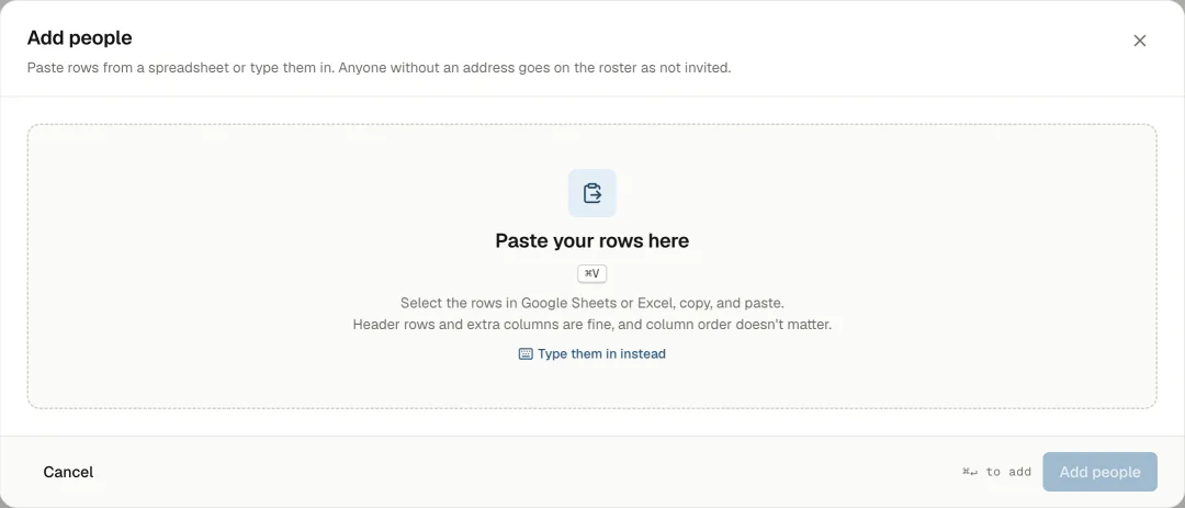 The Add people dialog, asking you to paste rows from Google Sheets or Excel, with a link to type them in instead