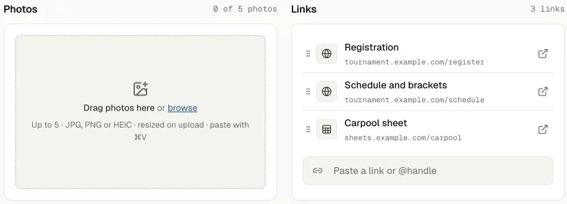 An event's Photos and Links cards side by side, the Links card listing three links with a paste field under them