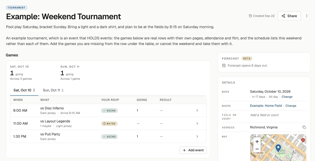 A tournament page with a tab per day and a table of the day's games, each showing your RSVP, how many are going and the result, with an Add event button under it