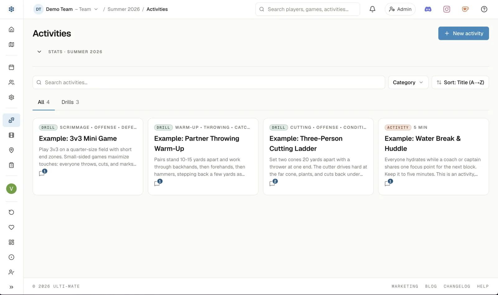 The drill library: drill cards with categories, setup notes, and durations