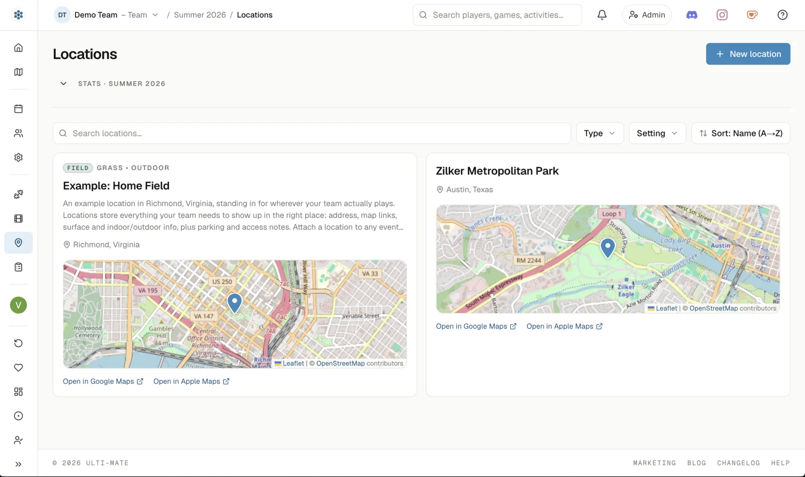 The locations page: saved fields with map previews and directions links